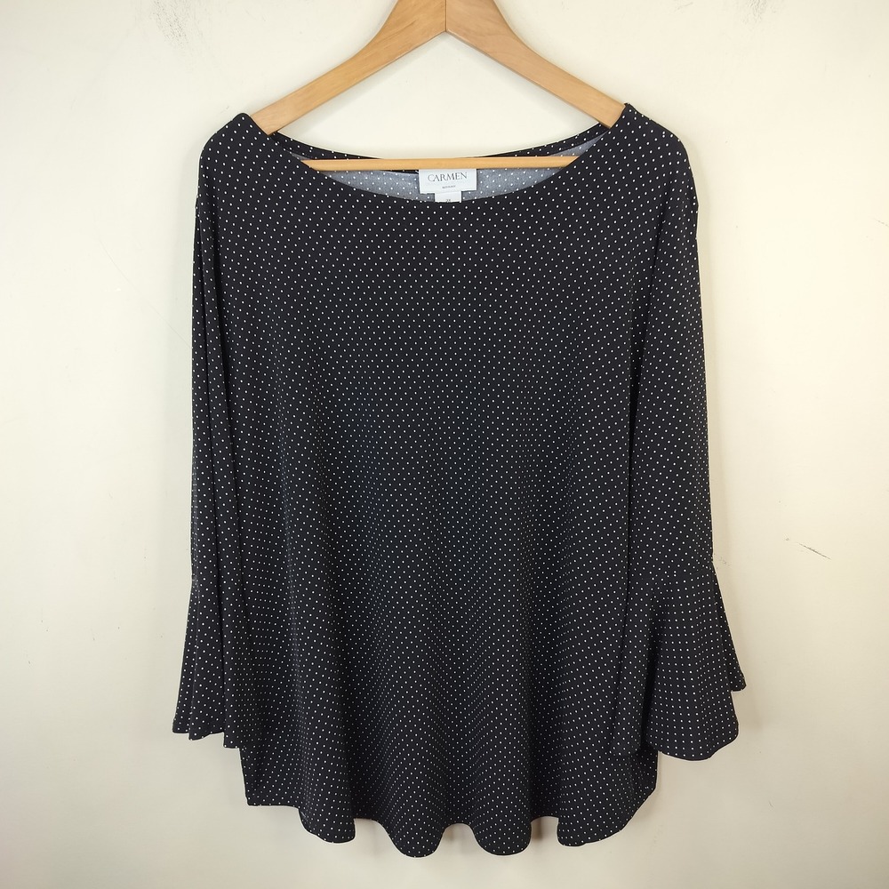 Carmen Marc Valvo Polka Dot Top 3X Bell Sleeve Black White Stretch Jersey